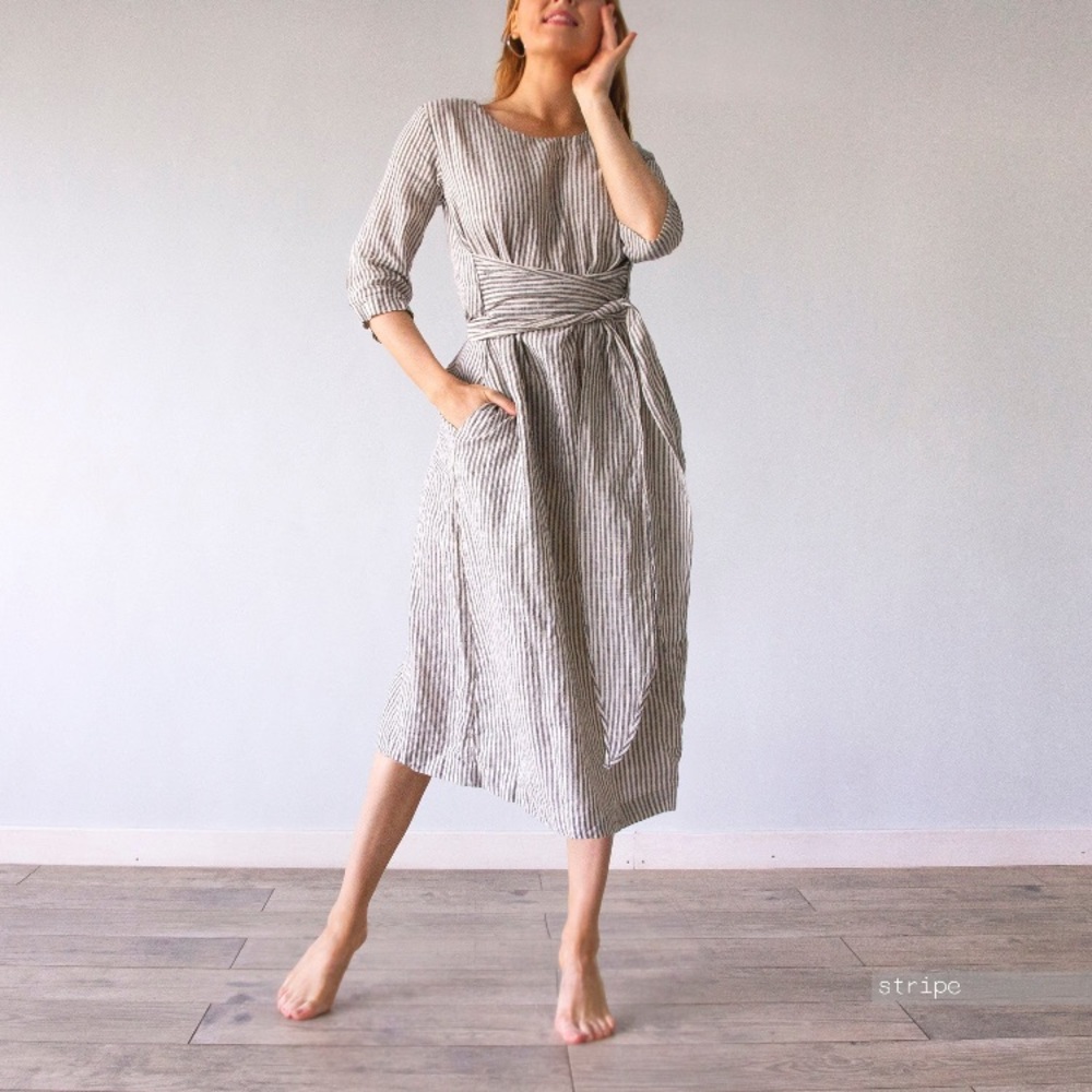 Stunning Len Ok MIDI 100% Linen Dress EUC XXXL